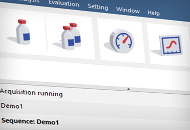 The Clarity Lite main window is the control center of the entire process of data acquisition and evaluation. The Information Table displays the processed sample: Name, applied template method, acquisition mode, etc. The Status Line indicates the current state of the analysis: elapsed time and state. The Analysis-processing Diagram provides icons for fast access to each process of the whole procedure.