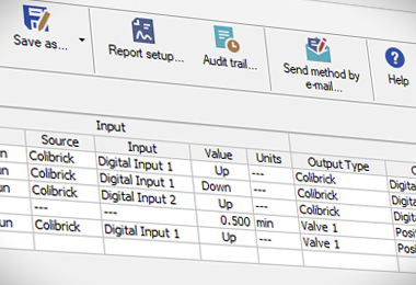 The Event table allows to control digital outputs, analysis, sequence or run a specified command based on events such change of state of digital input, signal level, analysis time, etc. The Colibrick A/D converter supplied by DataApex provide digital outputs that can be used for Start synchronization with other devices. These outputs can also be controlled from the Event Table. The setting on the image is used to control Fraction Collectors.