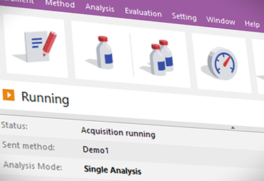 The Instrument window is the control center of the whole process of data acquisition and evaluation. It includes information table displaying the processed sample: name, applied template method, acquisition mode, etc. The status line indicates the current state of the analysis: elapsed time and state. The analysis-processing diagram provides icons for fast access to every process of the whole procedure. See Also: Instrument window tutorial.