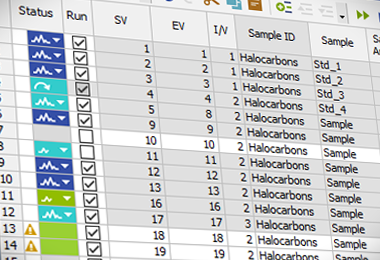 The Sequence table can be easily edited, using the fill down the user can easily compose the sequence with many injections. The status of each row is indicated by the colored symbols.