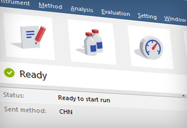 Instrument window is a control center for the whole process of data acquisition and evaluation. The Information Table displays the processed sample: Name, applied template method, acquisition mode, etc. The Status Line indicates the current state of the analysis: elapsed time and state. The Analysis-processing Diagram provides icons for fast access to every process of the whole procedure. It starts with Sample Table and through the measurement conditions