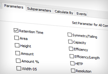 The program compares up to 12 selected parameters (e.g. retention time, efficiency, asymmetry of peaks) calculated according to one of three pre-selected methods (USP, EP, JP).