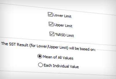 The selected parameters can be controlled against Lower and Upper Limits or checked whether all the results fit into defined standard deviation range.  The limits can be checked against values from individual chromatograms - suitable for online monitoring of the individual samples or to the Mean of a set of samples - used for Validation of the chromatography system.